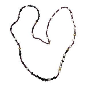 Handcrafted Faceted Garnet & Pearl Necklace Gold Accents 27" Long Gold Clasp